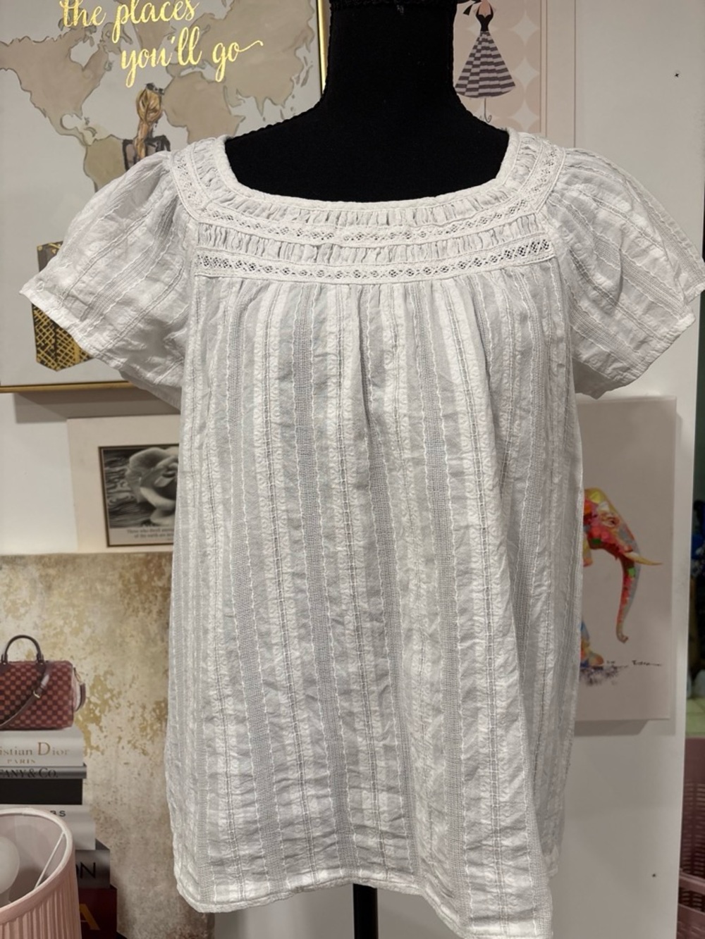 LOFT White Short Sleeve Crochet Yoke Blouse